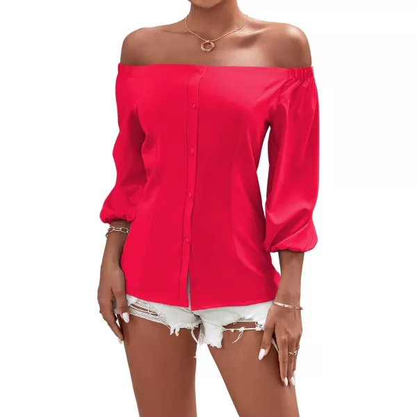 LYANER Women's Off Shoulder Bishop Short Sleeve Button Down Backless Shirt Blouse Top