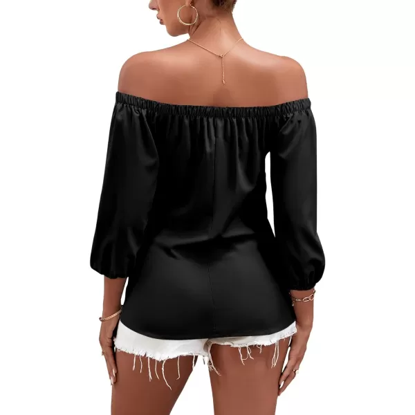 LYANER Women's Off Shoulder Bishop Short Sleeve Button Down Backless Shirt Blouse Top