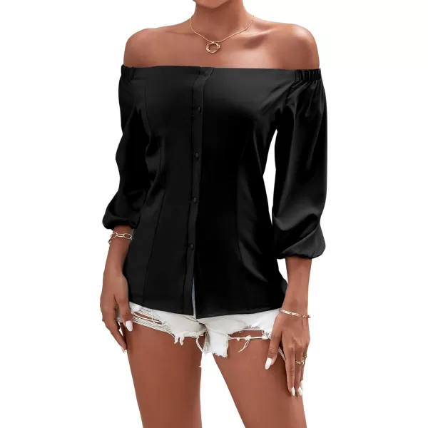 LYANER Women's Off Shoulder Bishop Short Sleeve Button Down Backless Shirt Blouse Top
