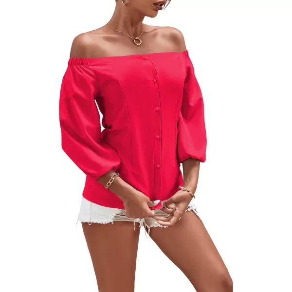 LYANER Women's Off Shoulder Bishop Short Sleeve Button Down Backless Shirt Blouse Top