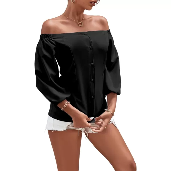 LYANER Women's Off Shoulder Bishop Short Sleeve Button Down Backless Shirt Blouse Top