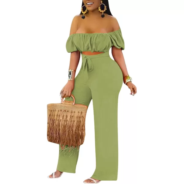 LYANER Women's Off Shoulder Cut Out Tie Front High Waist Short Sleeve Wide Leg Pants One Piece Jumpsuit Romper