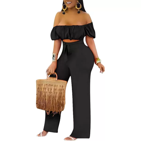 LYANER Women's Off Shoulder Cut Out Tie Front High Waist Short Sleeve Wide Leg Pants One Piece Jumpsuit Romper