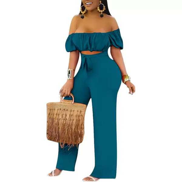 LYANER Women's Off Shoulder Cut Out Tie Front High Waist Short Sleeve Wide Leg Pants One Piece Jumpsuit Romper