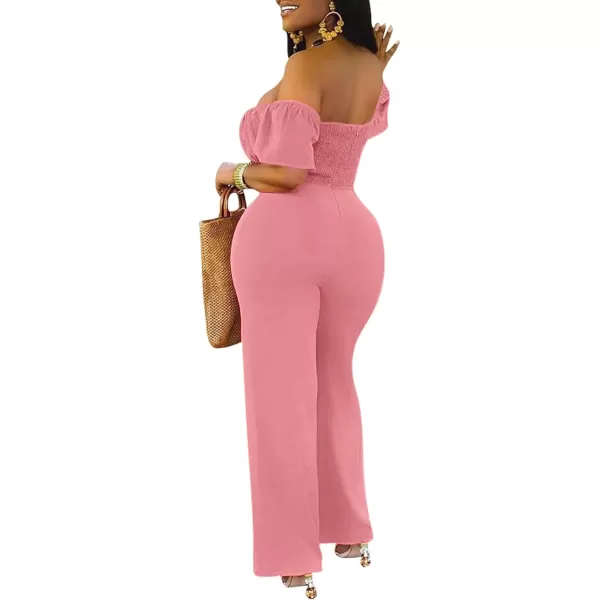 LYANER Women's Off Shoulder Cut Out Tie Front High Waist Short Sleeve Wide Leg Pants One Piece Jumpsuit Romper