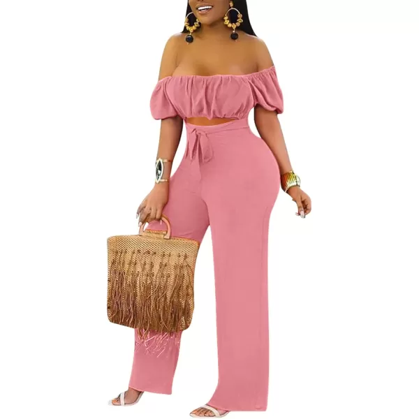 LYANER Women's Off Shoulder Cut Out Tie Front High Waist Short Sleeve Wide Leg Pants One Piece Jumpsuit Romper