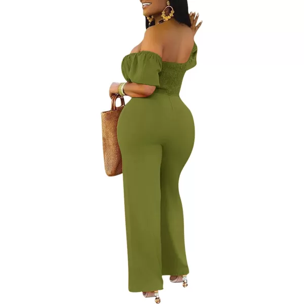 LYANER Women's Off Shoulder Cut Out Tie Front High Waist Short Sleeve Wide Leg Pants One Piece Jumpsuit Romper