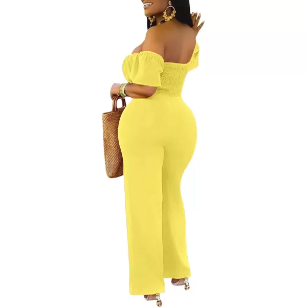 LYANER Women's Off Shoulder Cut Out Tie Front High Waist Short Sleeve Wide Leg Pants One Piece Jumpsuit Romper