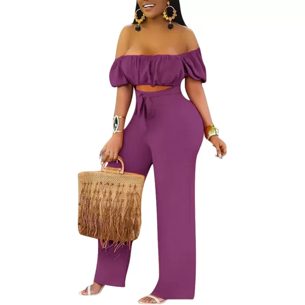 LYANER Women's Off Shoulder Cut Out Tie Front High Waist Short Sleeve Wide Leg Pants One Piece Jumpsuit Romper