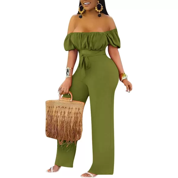 LYANER Women's Off Shoulder Cut Out Tie Front High Waist Short Sleeve Wide Leg Pants One Piece Jumpsuit Romper