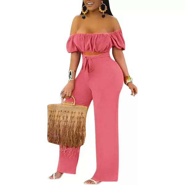 LYANER Women's Off Shoulder Cut Out Tie Front High Waist Short Sleeve Wide Leg Pants One Piece Jumpsuit Romper