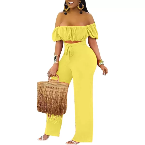LYANER Women's Off Shoulder Cut Out Tie Front High Waist Short Sleeve Wide Leg Pants One Piece Jumpsuit Romper