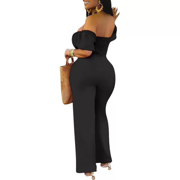 LYANER Women's Off Shoulder Cut Out Tie Front High Waist Short Sleeve Wide Leg Pants One Piece Jumpsuit Romper