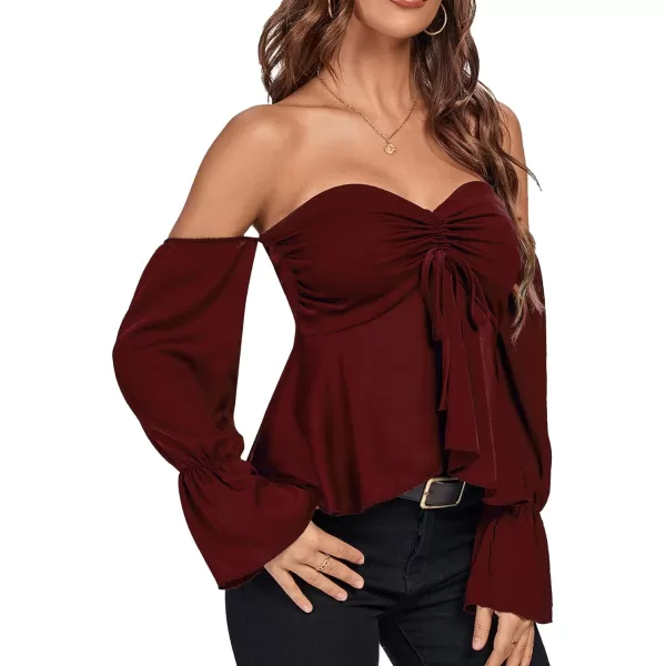 LYANER Women's Off Shoulder Drawstring Pleated Hem Long Sleeve Crop Blouse Shirt Top