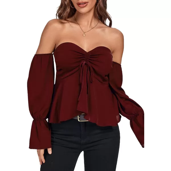 LYANER Women's Off Shoulder Drawstring Pleated Hem Long Sleeve Crop Blouse Shirt Top