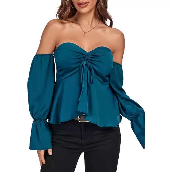 LYANER Women's Off Shoulder Drawstring Pleated Hem Long Sleeve Crop Blouse Shirt Top