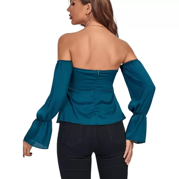 LYANER Women's Off Shoulder Drawstring Pleated Hem Long Sleeve Crop Blouse Shirt Top