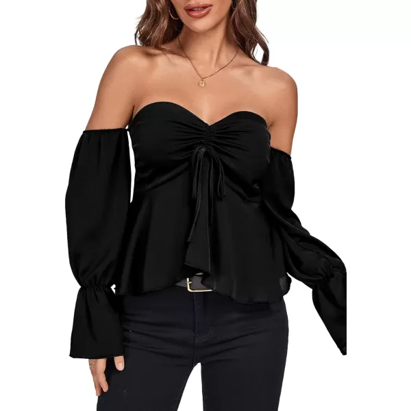 LYANER Women's Off Shoulder Drawstring Pleated Hem Long Sleeve Crop Blouse Shirt Top