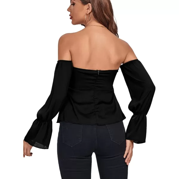 LYANER Women's Off Shoulder Drawstring Pleated Hem Long Sleeve Crop Blouse Shirt Top