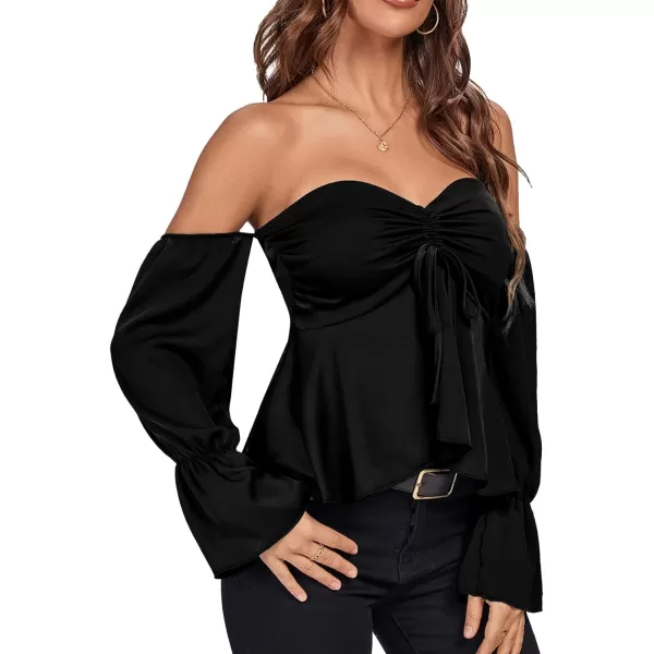 LYANER Women's Off Shoulder Drawstring Pleated Hem Long Sleeve Crop Blouse Shirt Top