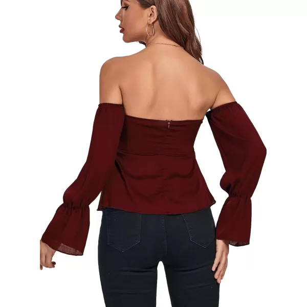 LYANER Women's Off Shoulder Drawstring Pleated Hem Long Sleeve Crop Blouse Shirt Top