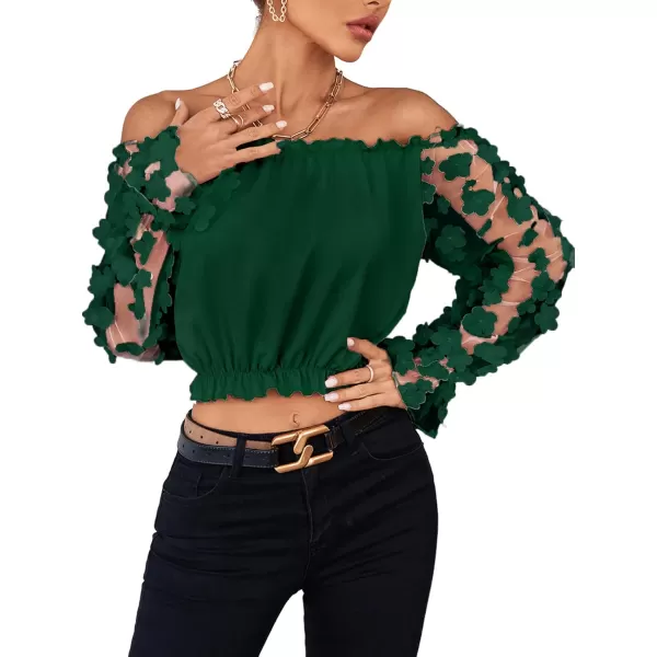 LYANER Women's Off Shoulder Floral Mesh Long Sleeve Ruffle Trim Crop Blouse Top