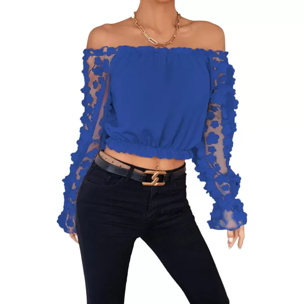 LYANER Women's Off Shoulder Floral Mesh Long Sleeve Ruffle Trim Crop Blouse Top