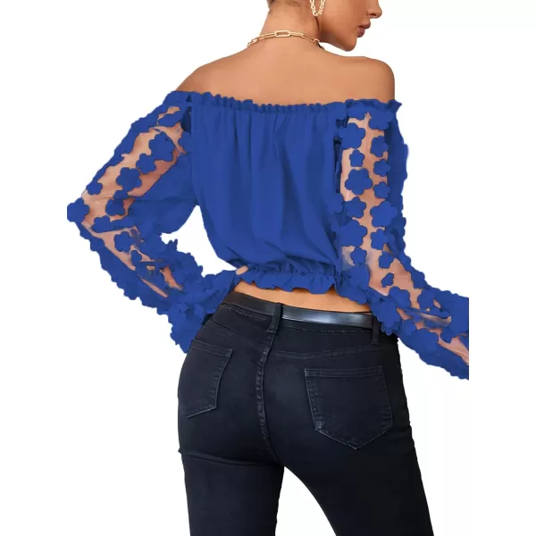 LYANER Women's Off Shoulder Floral Mesh Long Sleeve Ruffle Trim Crop Blouse Top