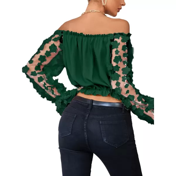 LYANER Women's Off Shoulder Floral Mesh Long Sleeve Ruffle Trim Crop Blouse Top