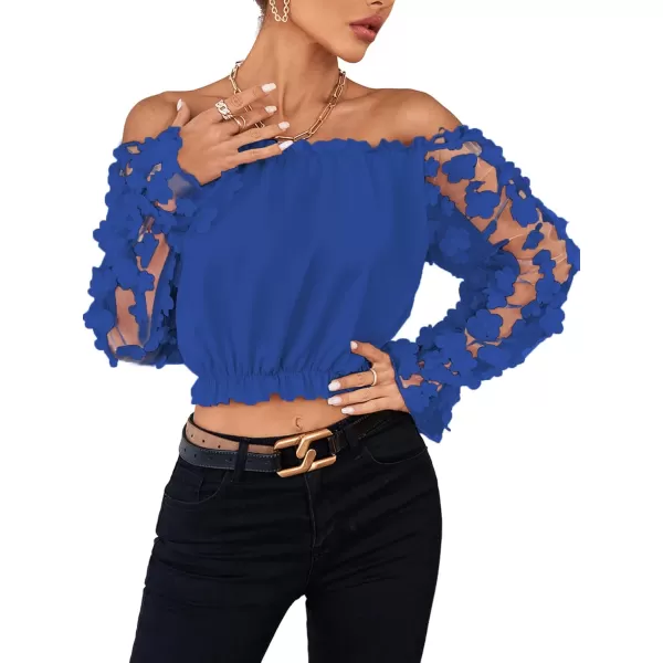 LYANER Women's Off Shoulder Floral Mesh Long Sleeve Ruffle Trim Crop Blouse Top