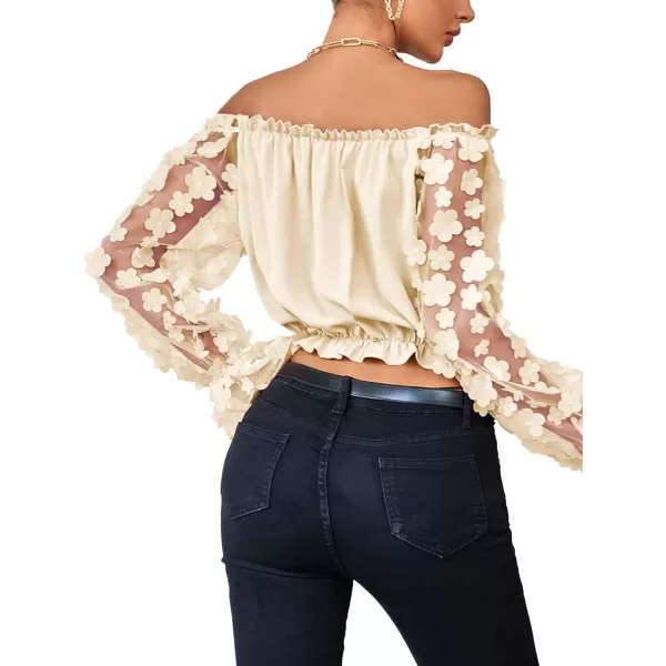 LYANER Women's Off Shoulder Floral Mesh Long Sleeve Ruffle Trim Crop Blouse Top