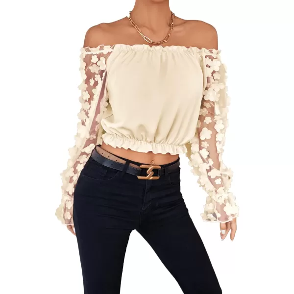 LYANER Women's Off Shoulder Floral Mesh Long Sleeve Ruffle Trim Crop Blouse Top