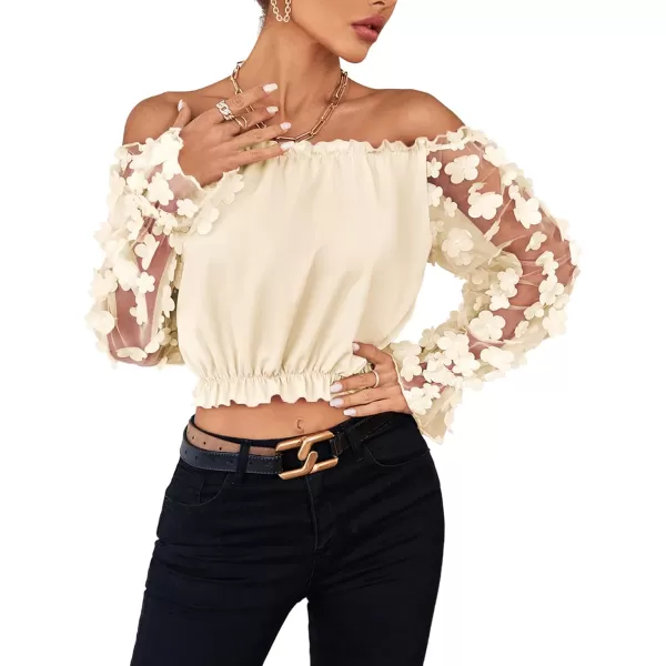 LYANER Women's Off Shoulder Floral Mesh Long Sleeve Ruffle Trim Crop Blouse Top