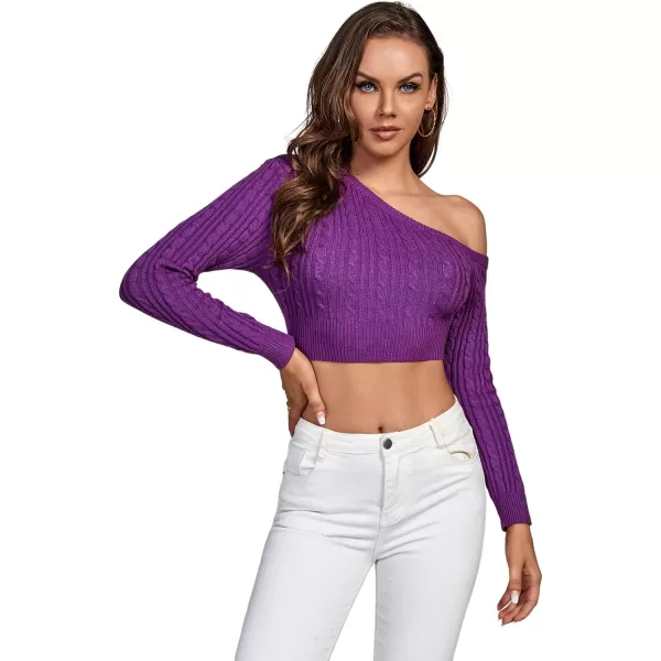 LYANER Women's Off Shoulder Long Sleeve Cable Knit Slim Pullover Sweater Crop Top
