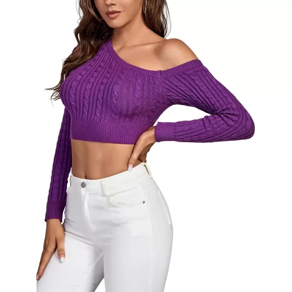 LYANER Women's Off Shoulder Long Sleeve Cable Knit Slim Pullover Sweater Crop Top