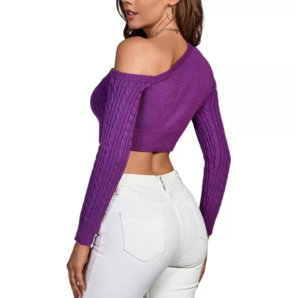 LYANER Women's Off Shoulder Long Sleeve Cable Knit Slim Pullover Sweater Crop Top