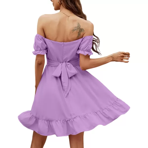 LYANER Women's Off Shoulder Puff Short Sleeve Ruffle High Waist Summer Mini Dress