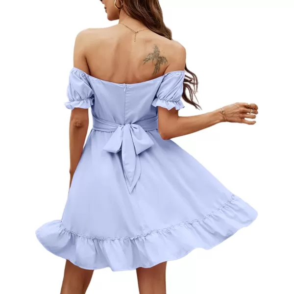 LYANER Women's Off Shoulder Puff Short Sleeve Ruffle High Waist Summer Mini Dress