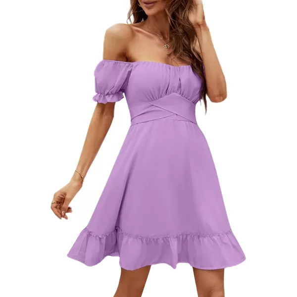 LYANER Women's Off Shoulder Puff Short Sleeve Ruffle High Waist Summer Mini Dress