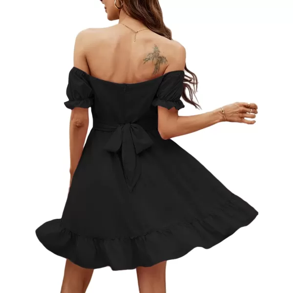 LYANER Women's Off Shoulder Puff Short Sleeve Ruffle High Waist Summer Mini Dress