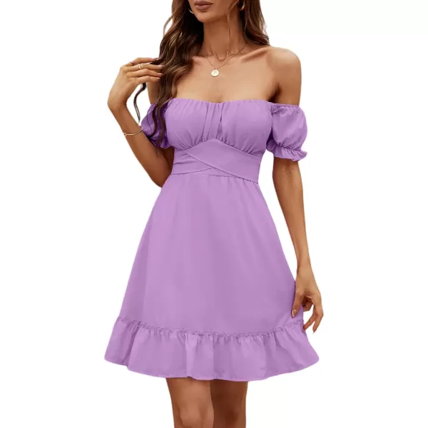 LYANER Women's Off Shoulder Puff Short Sleeve Ruffle High Waist Summer Mini Dress
