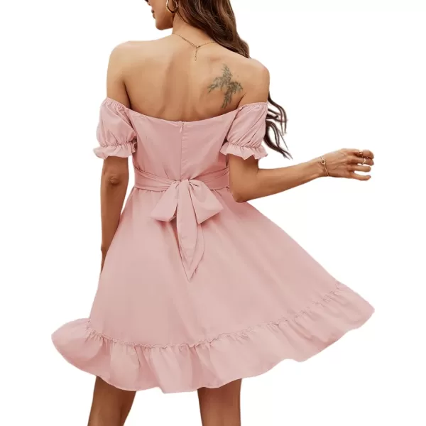 LYANER Women's Off Shoulder Puff Short Sleeve Ruffle High Waist Summer Mini Dress