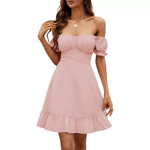 LYANER Women's Off Shoulder Puff Short Sleeve Ruffle High Waist Summer Mini Dress