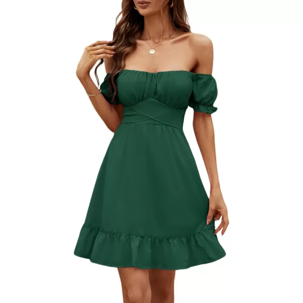 LYANER Women's Off Shoulder Puff Short Sleeve Ruffle High Waist Summer Mini Dress