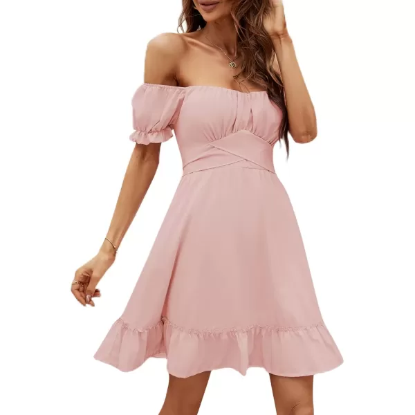 LYANER Women's Off Shoulder Puff Short Sleeve Ruffle High Waist Summer Mini Dress