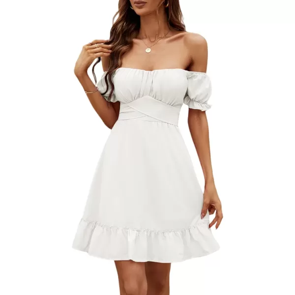 LYANER Women's Off Shoulder Puff Short Sleeve Ruffle High Waist Summer Mini Dress