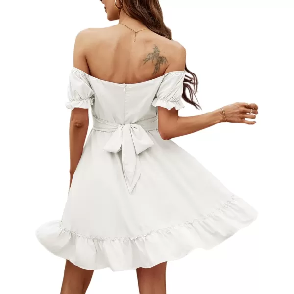 LYANER Women's Off Shoulder Puff Short Sleeve Ruffle High Waist Summer Mini Dress