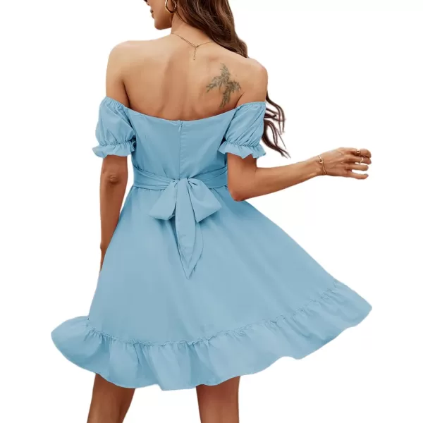 LYANER Women's Off Shoulder Puff Short Sleeve Ruffle High Waist Summer Mini Dress