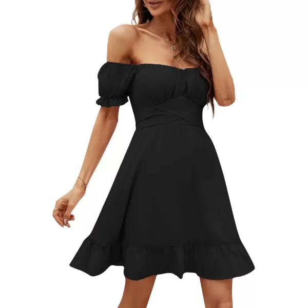 LYANER Women's Off Shoulder Puff Short Sleeve Ruffle High Waist Summer Mini Dress