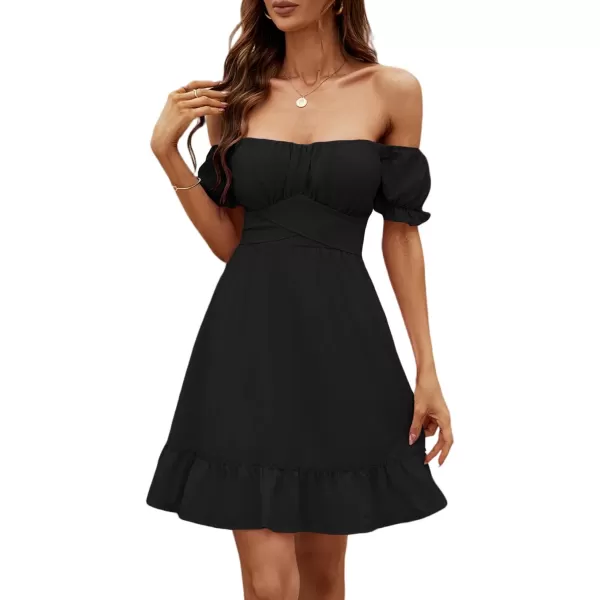 LYANER Women's Off Shoulder Puff Short Sleeve Ruffle High Waist Summer Mini Dress